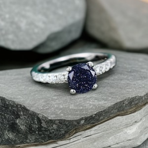 Unique Galaxy Healing Round Cut Blue Sandstone Engagement Ring Moss Agate Wedding Ring 14k Rose Gold June Birthstone Alexandrite Ring