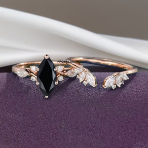 Black Onyx Marquise Engagement Ring: Sterling Silver Art Deco Bridal Set