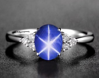 Blue Star Sapphire Ring, 925 Sterling Silver Art Deco Wedding & Engagement Ring, Lindy Bridal Ring