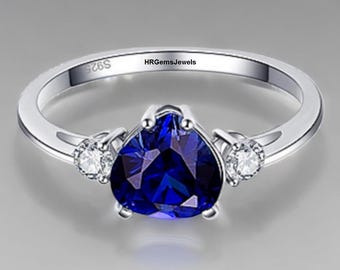 Blue Sapphire Ring - Heart Shape Lab Created Sapphire, 925 Sterling Silver Engagement Ring, Elegant Jewelry Gift