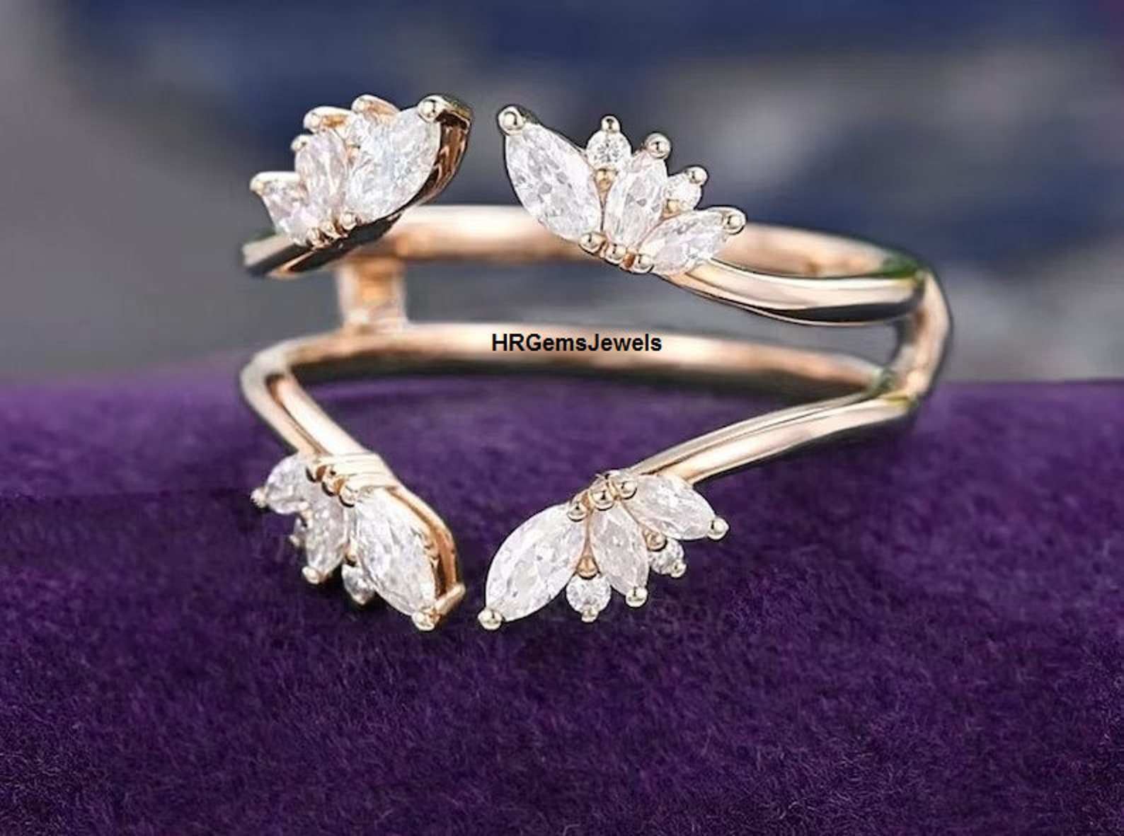 Marquise Moissanite Wedding Band: Rose Gold Art Deco Sterling Silver ...