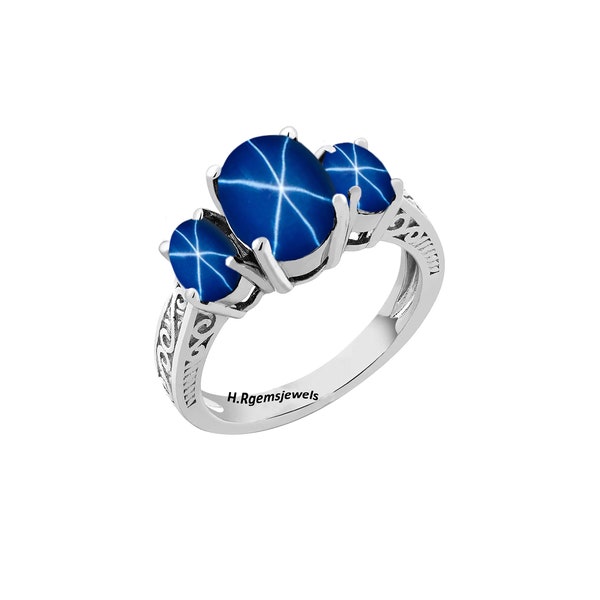 Lindy Star Sapphire Ring, Blue Star Sapphire Ring, 925 Sterling Silver Ring, Women Ring, 6 Ray Blue Sapphire Star Ring,Women Ring