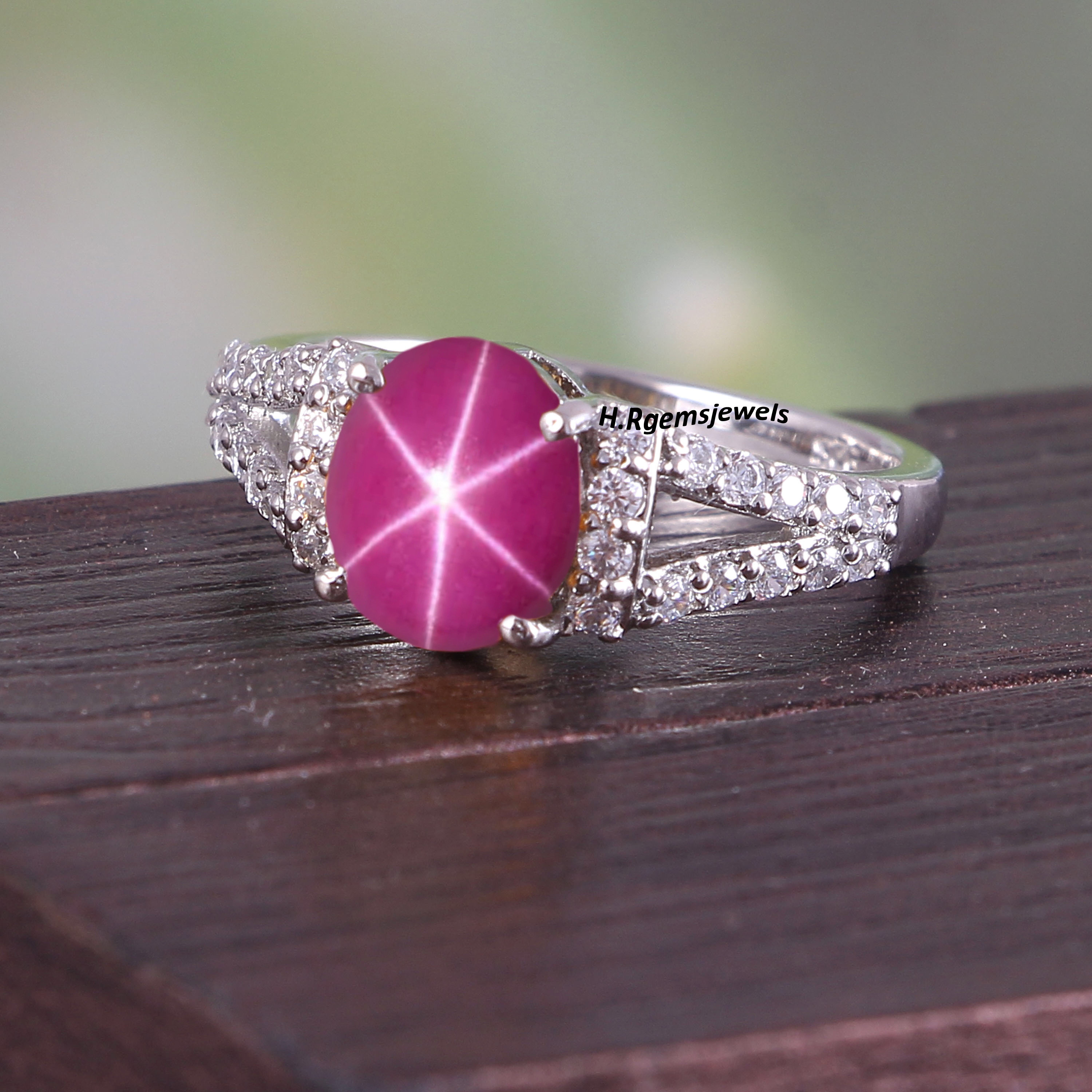 Pink Star Ruby Ring, Lab Created Lindy Star Ruby Ring, Engagement Ring, Red Star Sapphire Cabochon Ring, Wedding Ring, Bridal Ring.