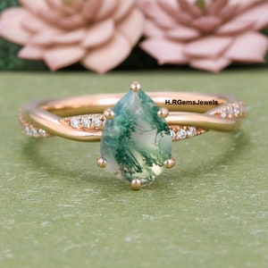 Pear Cut Moss Agate Ring: 925 Sterling Silver Engagement Ring