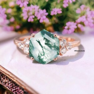 Moss agate cluster wedding band Unique marquise cut moss agate wedding band Moissanite ring Solid gold ring Anniversary gift