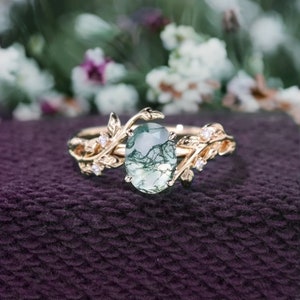 Moss Agate Engagement Ring: Oval Sterling Silver Leaf Ring