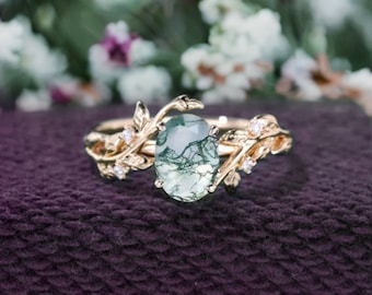 Moss Agate Engagement Ring: Oval Sterling Silver Leaf Ring