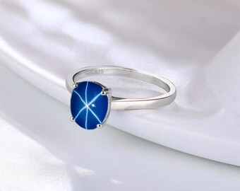 Genuine Blue Sapphire Star Ring, Lab Created Sapphire 6 Ray Star Ring, 925 Sterling Silver Ring, Wedding Ring, Bridal Ring, Solitaire Ring.