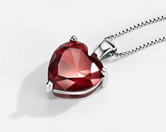 Garnet Heart Pendant, 925 Sterling Silver, Heart Shape Necklace, January Birthstone, Gift for Her, Anniversary Pendant, Simple Charm Pendant