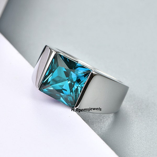 London Blue Topaz Ring, 925 Sterling Silver, Lab Created Square Cut Gemstone, Rodium Plating Ring, Engagement Ring Half Bezel Setting.