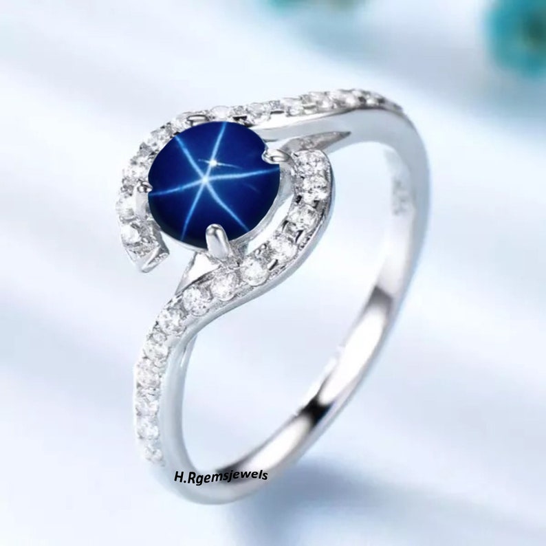 Blue Lindy Star Sapphire Ring Round Cabochon Ring Lab - Etsy