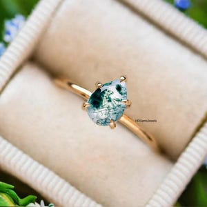 Moss Agate Engagement Ring: Pear Cut Sterling Silver Bridal Ring