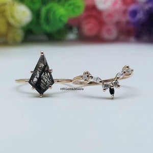 Skye Kite Rutilated Quartz & Black Diamond Ring Set For Woman- Natural Quartz Engagement Ring- 925 Sterling Silver Promise Ring Gift For Her