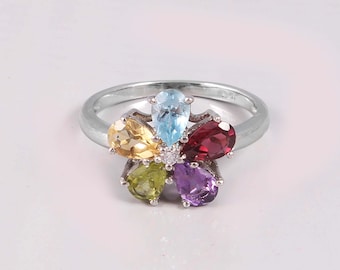 Multi Color Gem Stone Ring, Semi Precious Stone Flower Ring, Wedding & Engagement Ring, 925 Sterling Silver Ring, Anniversary Ring.