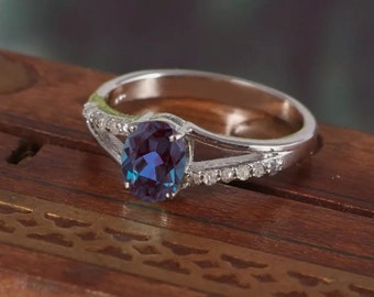 Color Changing Alexandrite Ring: Oval Sterling Silver Engagement Ring