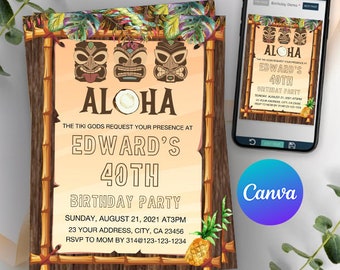 Hawaiian Tiki Gods Birthday Invitation template, Tiki Luau Birthday Invitation