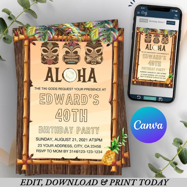 Hawaiian Tiki Gods Birthday Invitation template, Tiki Luau Birthday Invitation