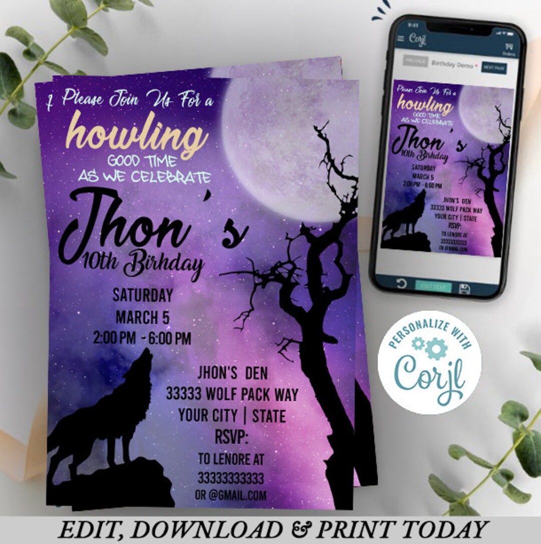 Wolf Birthday Party Invitation Wolf Howling Invitation Wolf Etsy