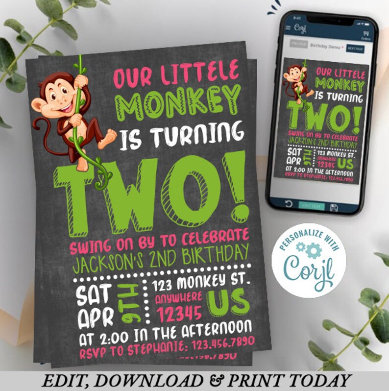 Monkey Birthday Invitation for Girl Birthday Invitation Little Monkey Jungle Birthday Invitation ...