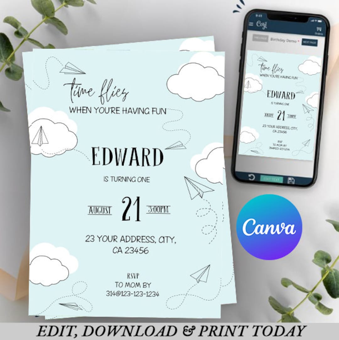 Paper Airplane Birthday Invitation, Editable Template, Paper Airplane ...