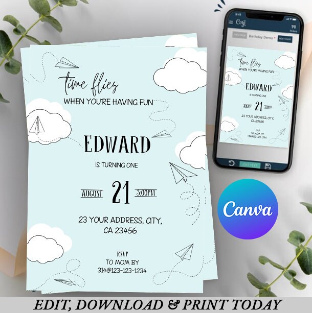 Paper Airplane Birthday Invitation, Editable Template, Paper Airplane ...