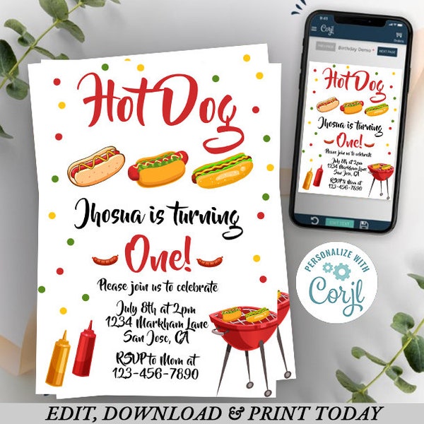 Hot Dog Party Invitation Template, Hot Dog Birthday Invite, Printable Birthday Invitation