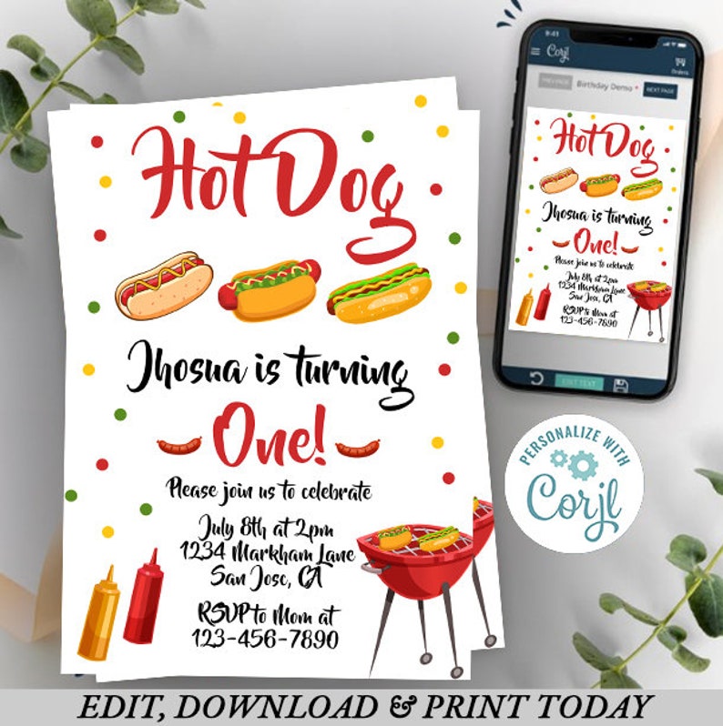 Hot Dog Party Invitation Template, Hot Dog Birthday Invite, Printable ...