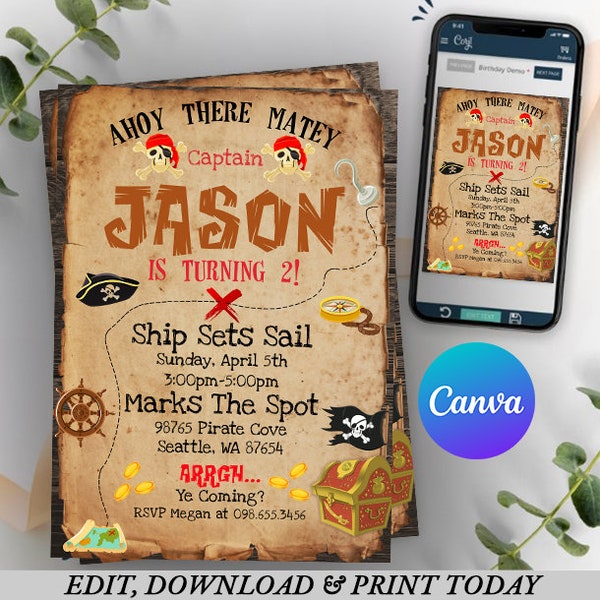 Pirate invitation Instant Download, Pirate Birthday Invitation, Treasure Map, Digital Download, Kids Birthday, Pirate Party Invite Printable