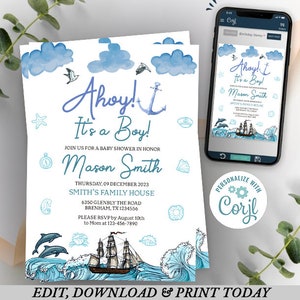 Ohé! It’s a boy invitaion, Invitation de baby shower nautique, Thème de baby shower nautique, Invitation baby shower