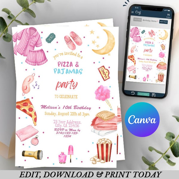 Pizza and Pajamas Birthday Invitation Movie Night Party Girl Pink Teen Tween Slumber Party