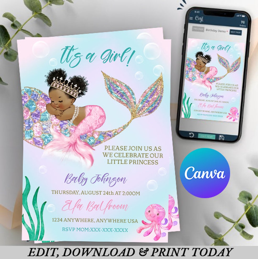 Mermaid Baby Shower Invitation, African American Mermaid Party, Mermaid