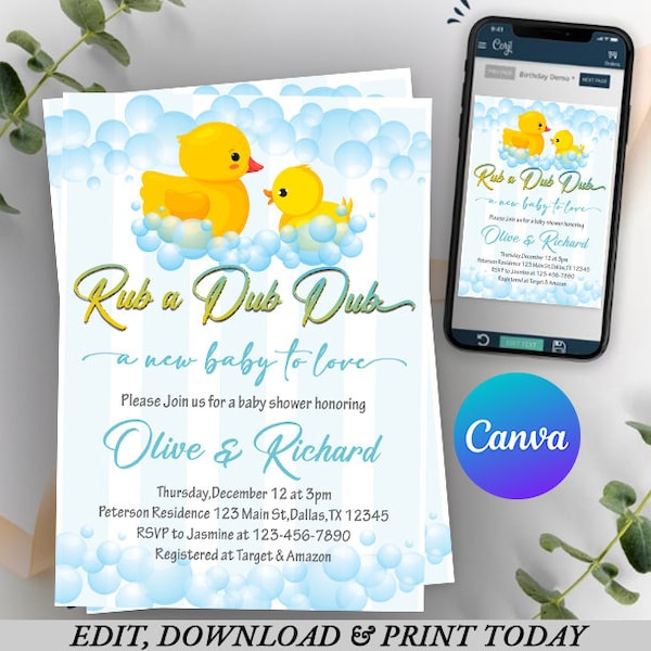 Duck Baby Shower Invitation, Rubber Duck Invitation, Duck Baby Shower Invite, Ducky, Blue and Yellow, Rub a Dub Dub