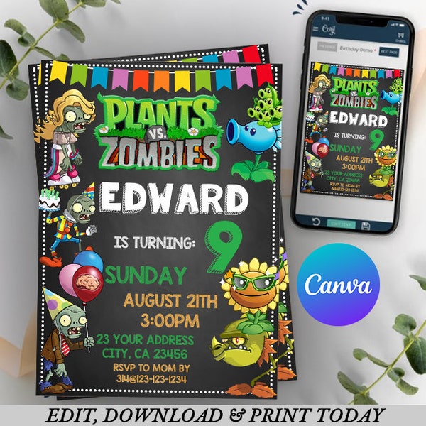 Plants vs zombies birthday invitation, plants vs zombies party supplies, video game theme, zombies birthday party decoration