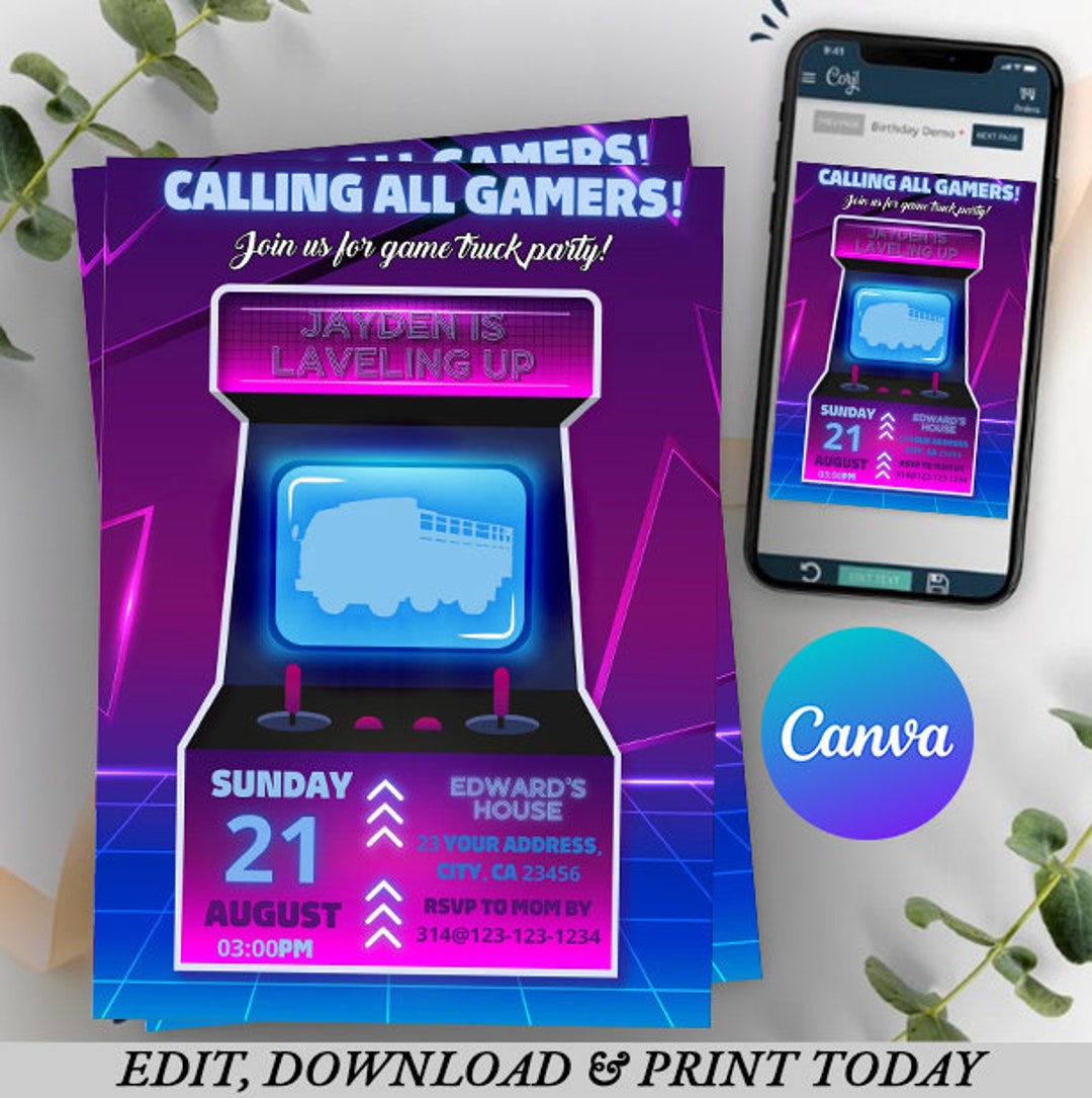 Video Game Truck Birthday Party Invitation, Gaming Birthday Invite