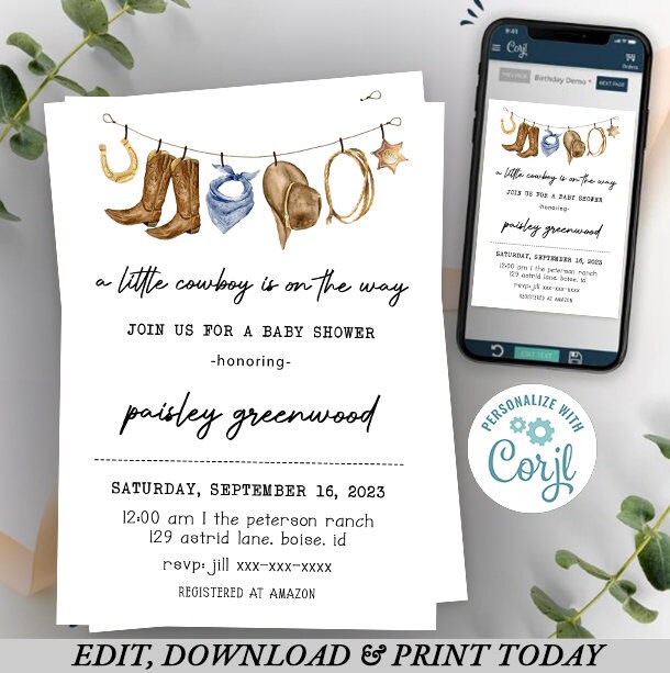 Cowboy Baby Shower Invitation Template, Wild West Boy Baby Sprinkle ...
