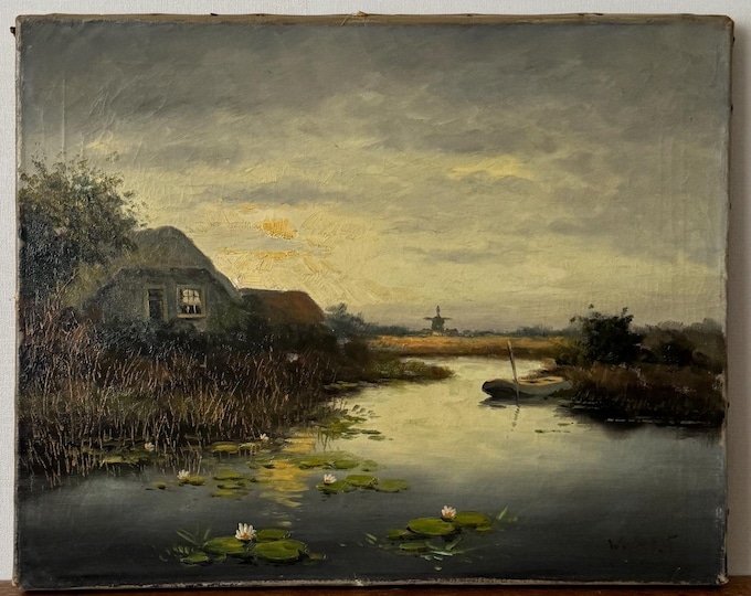 Moody River Landscape Oil Painting, Dark Landscape With Farm House ...