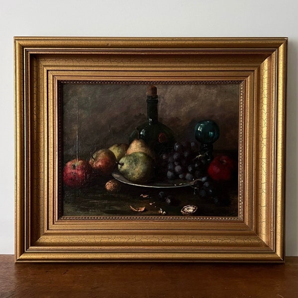 Antique still life oil painting, moody still life, dark still life, fruit still life, antique oil painting, Dutch still life, gold framed