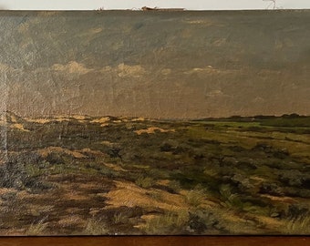 Antiek stemmig landschapsolieverfschilderij, landelijk landschap, landelijk landschap, duinlandschap, antiek olieverfschilderij, Nederlands olieverfschilderij