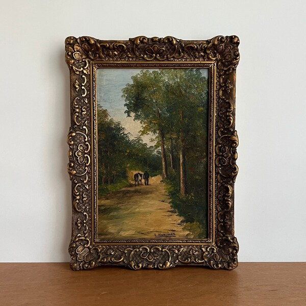 Country landcape oil painting, farmer with cow in countryside, trackway woods trees, original oil on board, Dutch signed ornate gesso framed