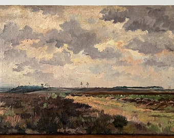 Moody landscape oil painting, country landscape, rural landscape, heather landscape, Dutch oil painting, original oil on canvas