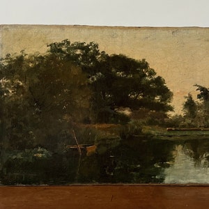 Antique landscape oil painting, moody landscape, dark landscape, rural landscape, river landscape, rowing boat, antique oil painting, Dutch