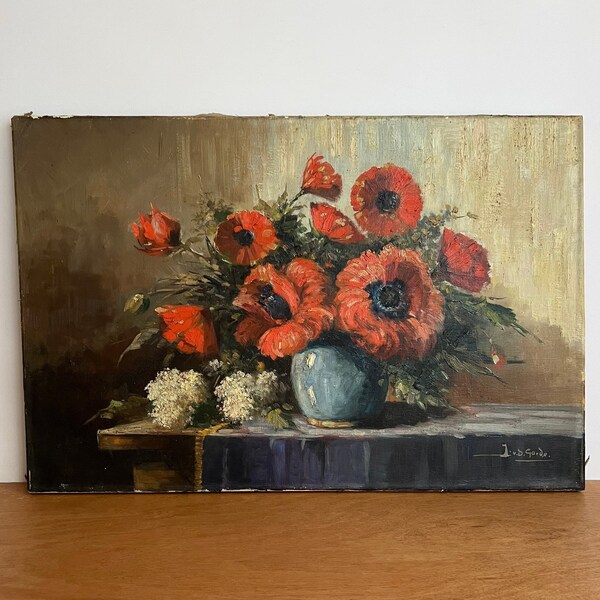Dutch oil painting, still life with flowers, poppies lilacs oil painting, red white floral bouquet, original oil on canvas, 1900s signed art