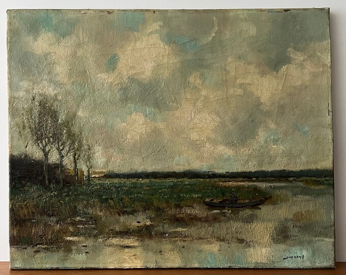 Antique Moody Landscape Oil Painting, Fisherman Oil Painting, River ...