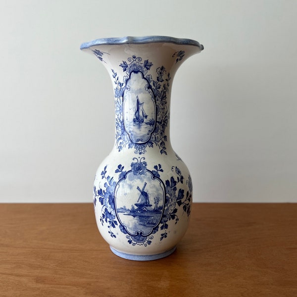 Antique Delft blue and white vase, trumpet vase, floral sailboat decor vase, 19th century Delft vase, Petrus Regout vase, Holland vase