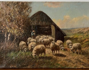 Antiek schapenolieverfschilderij, herder met schapen, schapen in de wei, kudde schapen, landlandschap met schapen, Nederlands olieverfschilderij