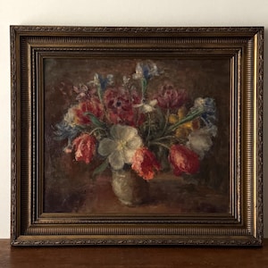 Dutch Floral Still Life Oil Painting: Tulips, Irises, Framed Art by Piet van Wijngaerdt