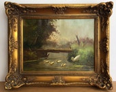 Dutch oil painting, ducks oil painting, duck with ducklings, duck family, ducks on waterside, ducks in pond, original signed baroque framed