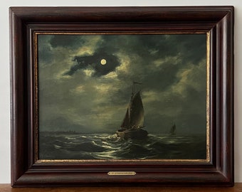 Humeurig zeegezicht olieverfschilderij, zeilboot zeilschip olieverfschilderij, zeegezicht bij nacht, Nederlands marien olieverfschilderij, ondertekend Peter Sterkenburg