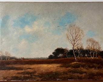 Heather landscape oil painting, country landscape, moody landscape, countryside painting, rustic landscape, Dutch oil painting oil on canvas