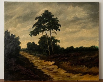 Moody landscape oil painting, dark landscape, country landscape, rural landscape, heather landscape, Dutch oil painting, oil on canvas